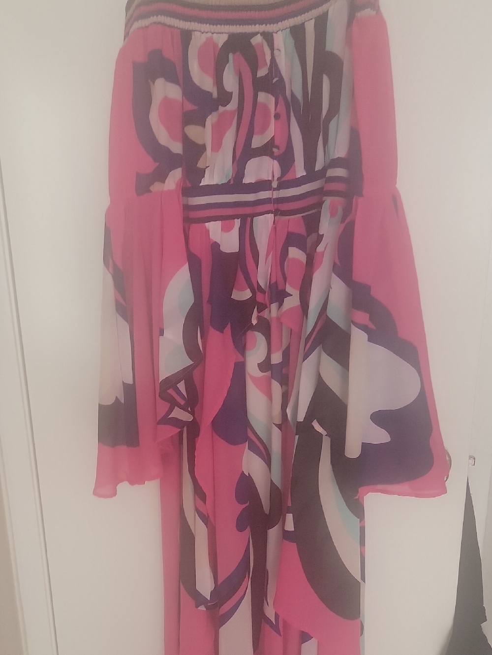 Bright Pink Abstract Print Maxi High Low Sheer Blouse. Ashley Stewart